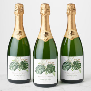 Elegant Tropical Green Watercolor Monstera Leaves Sparkling Wine Label