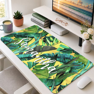 Elegant Tropical Green Yellow Leaf Pattern Desk Mat