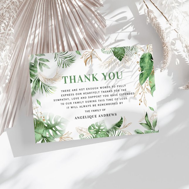 Elegant Tropical Greenery & Gold Sympathy Thank You Card (Creator Uploaded)