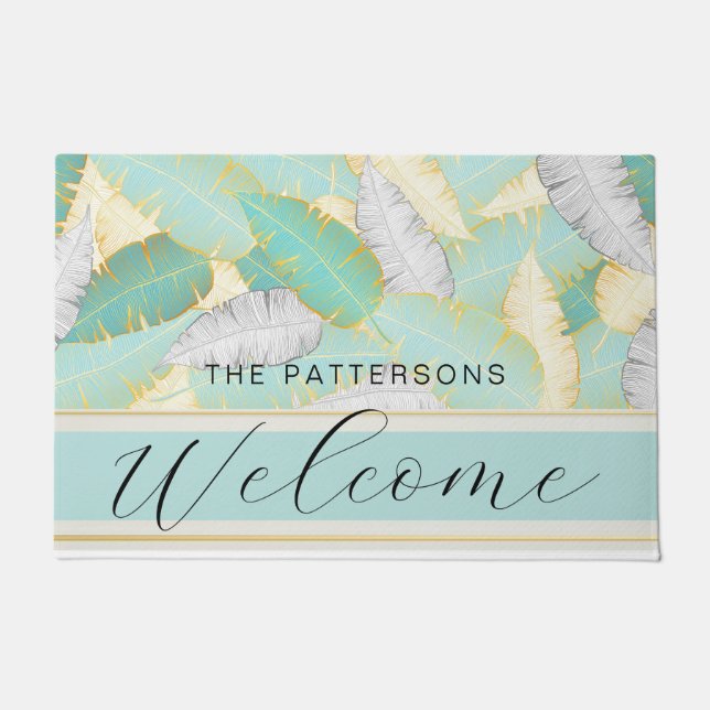 Elegant Tropical Greenery Welcome Family Name Doormat (Front)