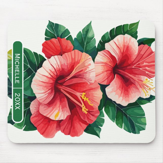 Elegant Tropical Hawaii Hibiscus Green Monogram Mouse Mat (Front)