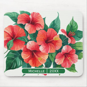 Elegant Tropical Hawaii Hibiscus Green Monogram Mouse Mat