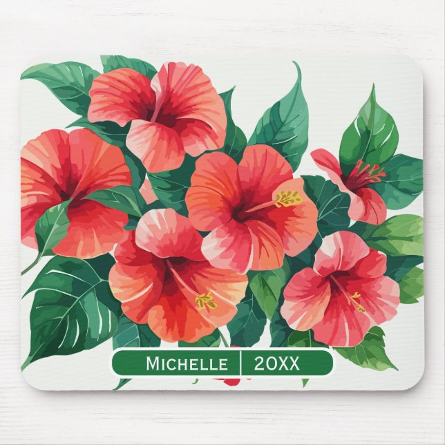Elegant Tropical Hawaii Hibiscus Green Monogram Mouse Mat (Front)
