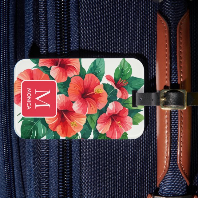 Elegant Tropical Hawaii Hibiscus Red Monogram Luggage Tag (Front Insitu 4)