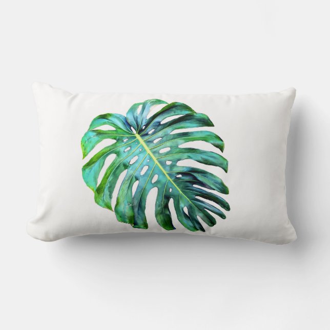 Elegant Tropical Hawaii Monstera Leaf Modern Lumbar Cushion (Front)