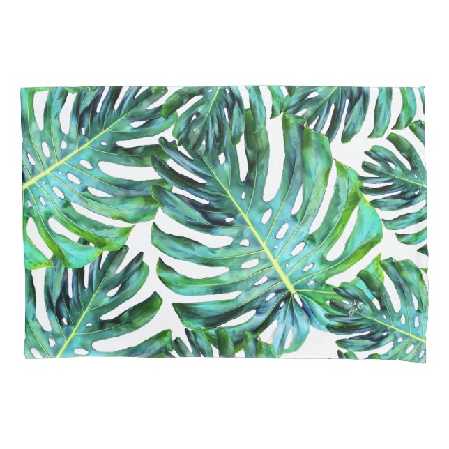 Elegant Tropical Hawaii Monstera Leaf Photograph Pillowcase (Front-Left)