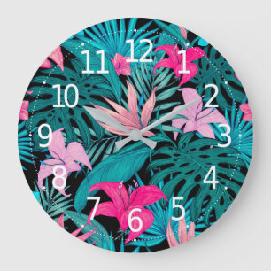 Elegant Tropical Hibiscus Flowers and Leaves   Large Clock