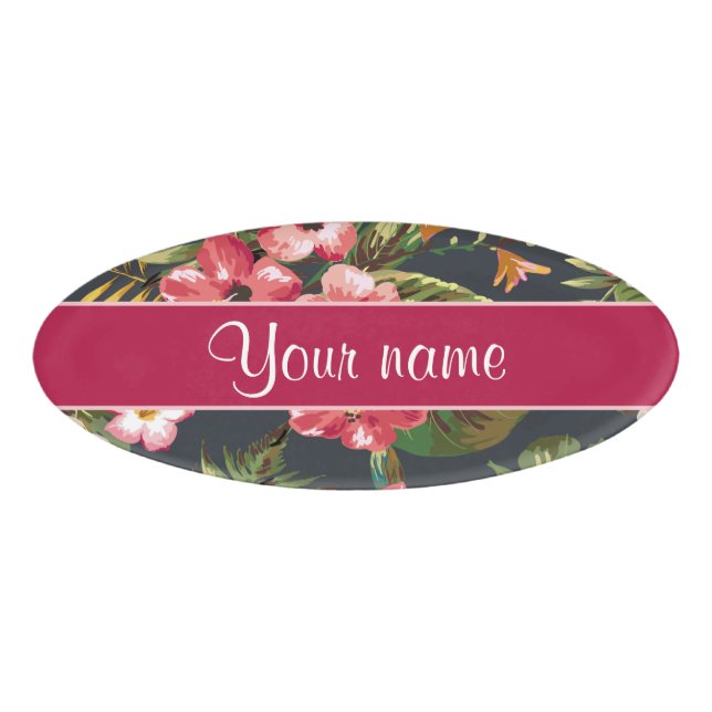 Elegant Tropical Hibiscus Flowers and Leaves Name Tag (Front)