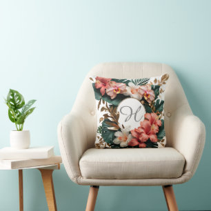 Elegant Tropical Hibiscus Gold Monogram Pillow