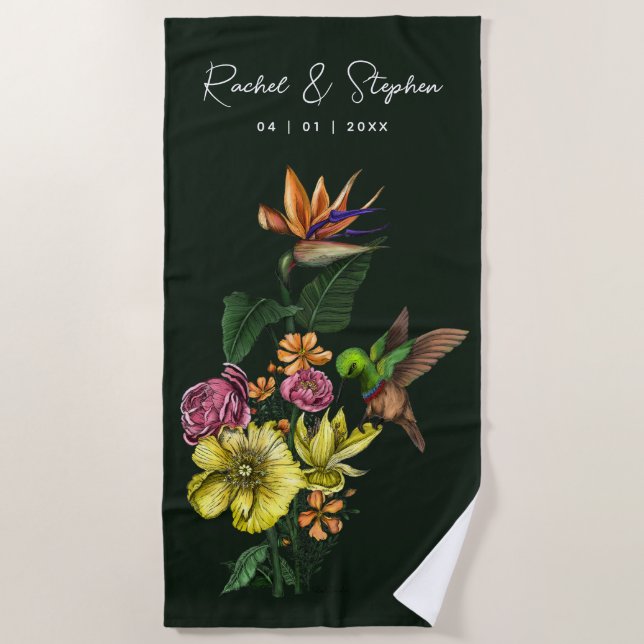 Elegant Tropical Hummingbird Floral Summer Wedding Beach Towel (Front)