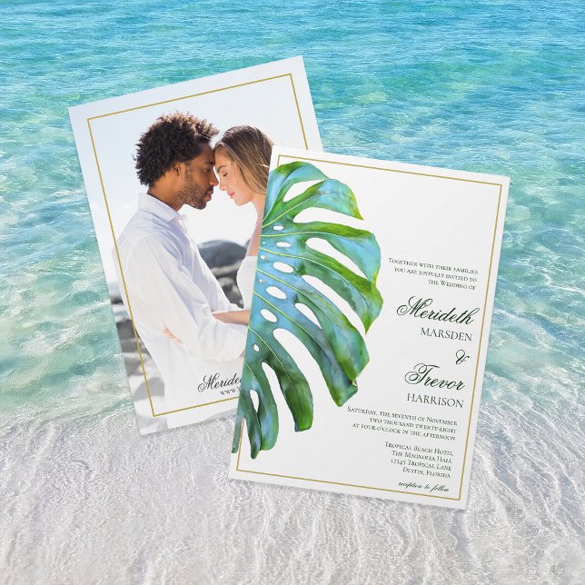 Elegant Tropical Leaf Photo Green Gold Wedding Invitation (Creator Uploaded)