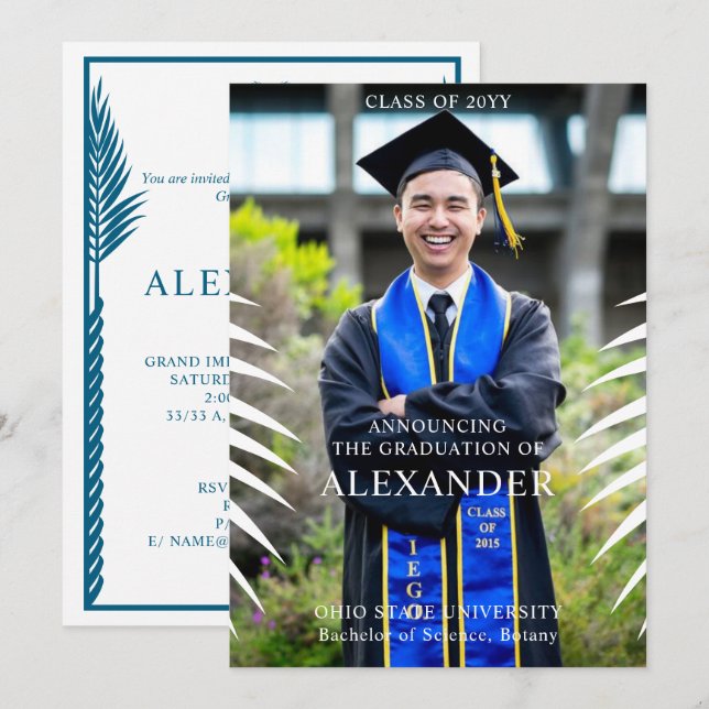 Elegant Tropical Leave Graduation Photo Invitation (Front/Back)