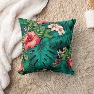Elegant Tropical Leaves and Hibiscus Flowers   Cushion