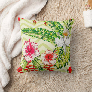 Elegant Tropical Leaves and Hibiscus Flowers Cushion