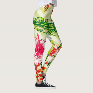 Elegant Tropical Leaves and Hibiscus Flowers   Leggings