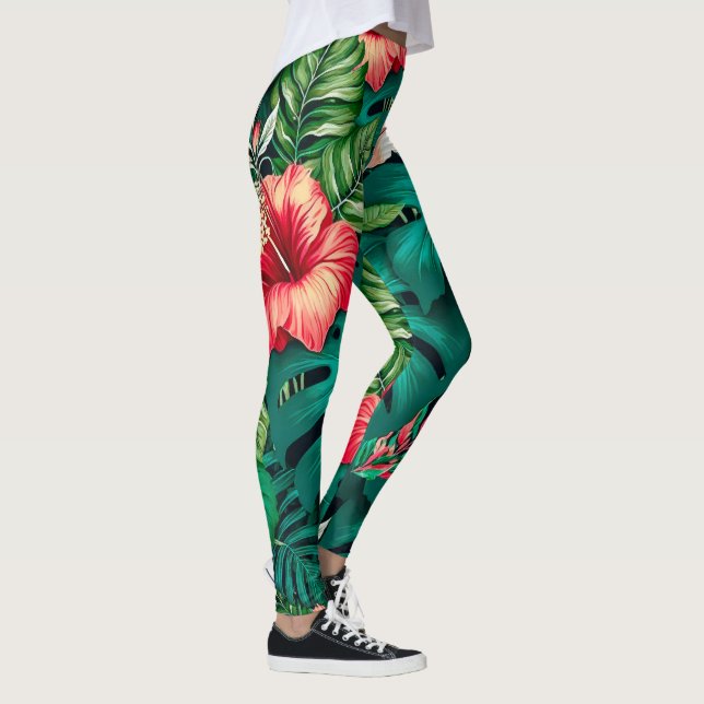 Elegant Tropical Leaves and Hibiscus Flowers | Leggings (Right)