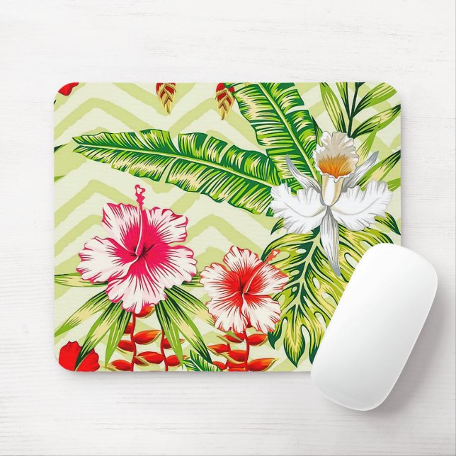 Elegant Tropical Leaves and Hibiscus Flowers | Mouse Mat (With Mouse)
