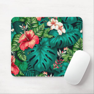 Elegant Tropical Leaves and Hibiscus Flowers Mouse Mat