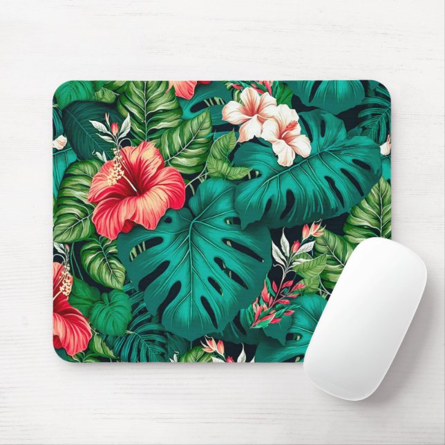 Elegant Tropical Leaves and Hibiscus Flowers | Mouse Mat (With Mouse)