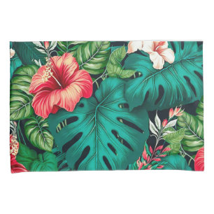 Elegant Tropical Leaves and Hibiscus Flowers Pillowcase