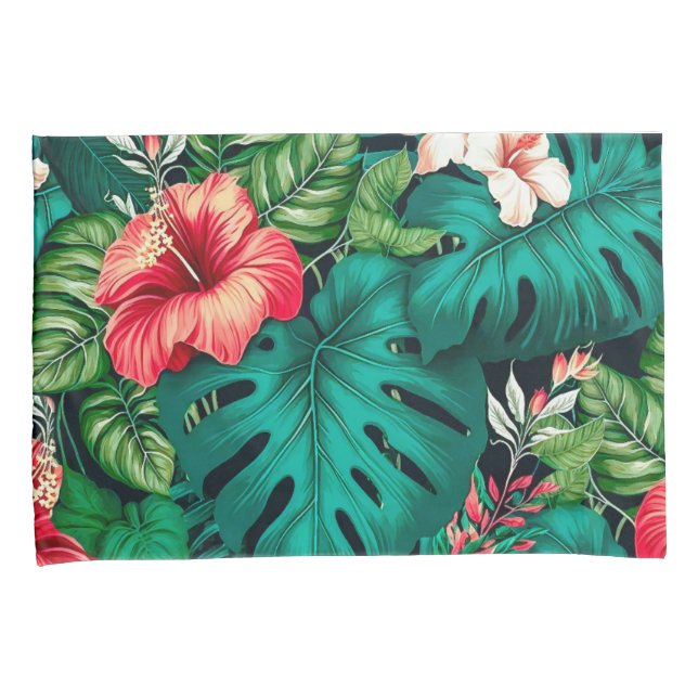 Elegant Tropical Leaves and Hibiscus Flowers | Pillowcase (Front-Right)