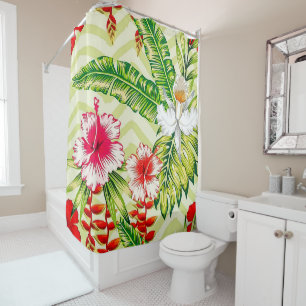Elegant Tropical Leaves and Hibiscus Flowers   Shower Curtain