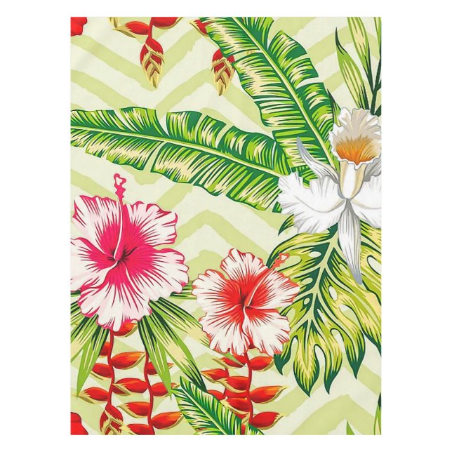 Elegant Tropical Leaves and Hibiscus Flowers | Tablecloth (Front)