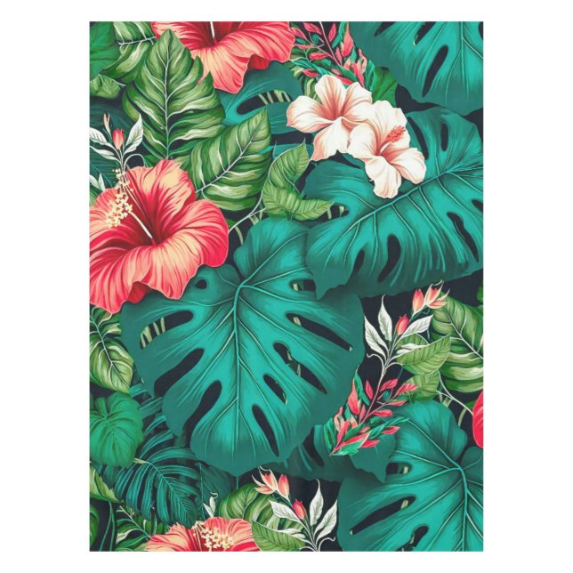 Elegant Tropical Leaves and Hibiscus Flowers | Tablecloth (Front)