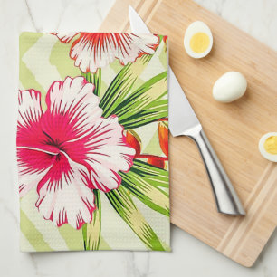Elegant Tropical Leaves and Hibiscus Flowers Tea Towel
