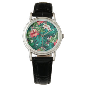 Elegant Tropical Leaves and Hibiscus Flowers Watch
