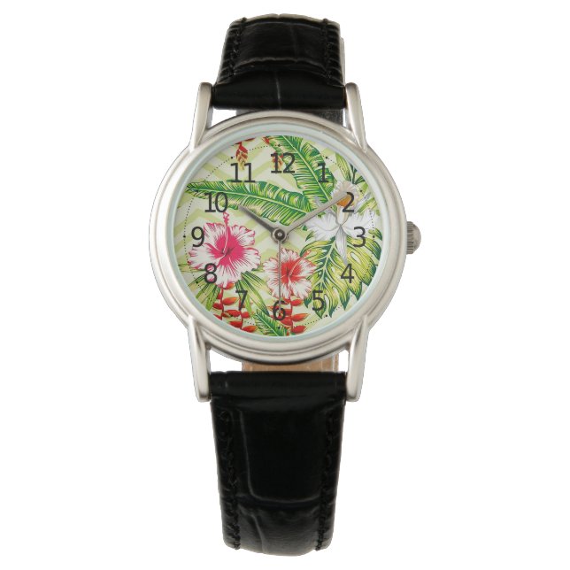 Elegant Tropical Leaves and Hibiscus Flowers | Watch (Front)