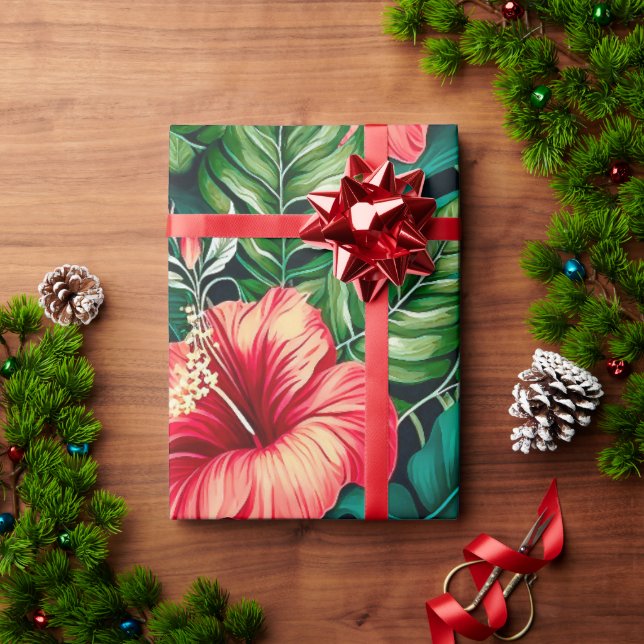 Elegant Tropical Leaves and Hibiscus Flowers | Wrapping Paper (Holiday Gift)