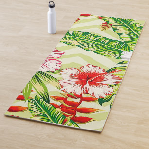 Elegant Tropical Leaves and Hibiscus Flowers   Yoga Mat
