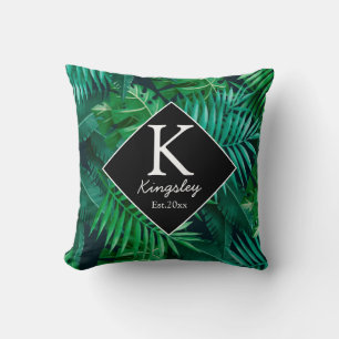 Elegant Tropical Leaves Family Name Beach House Cushion