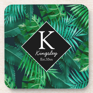 Elegant Tropical Leaves Family Name Coaster