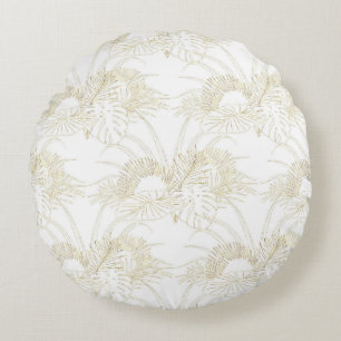 Elegant tropical leaves golden strokes design round cushion