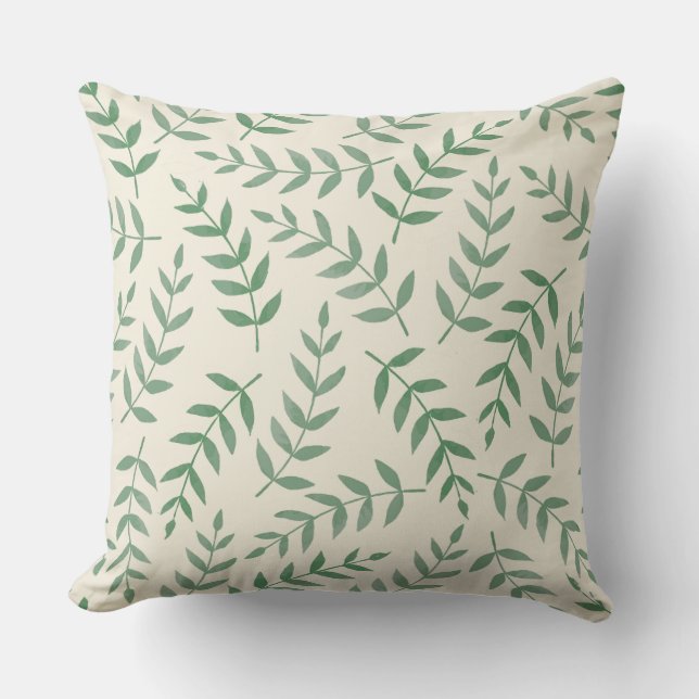 Elegant Tropical Leaves on Light Champagne Beige Cushion (Front)