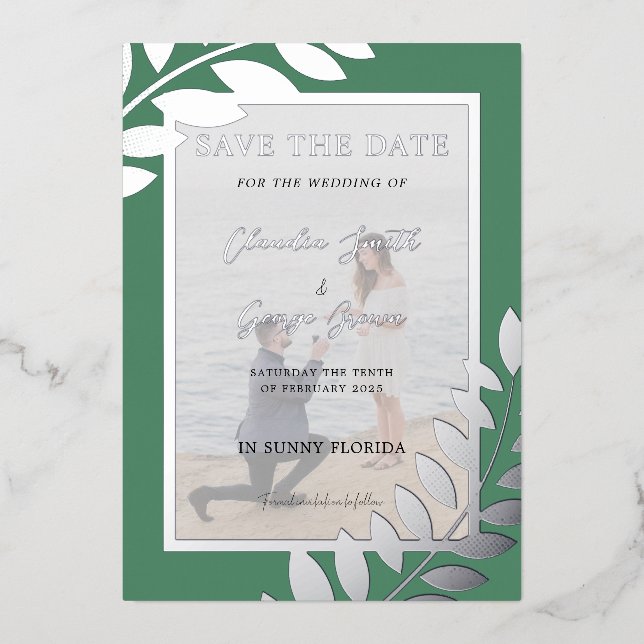 Elegant Tropical Leaves Photo Save The Date Real (Front)