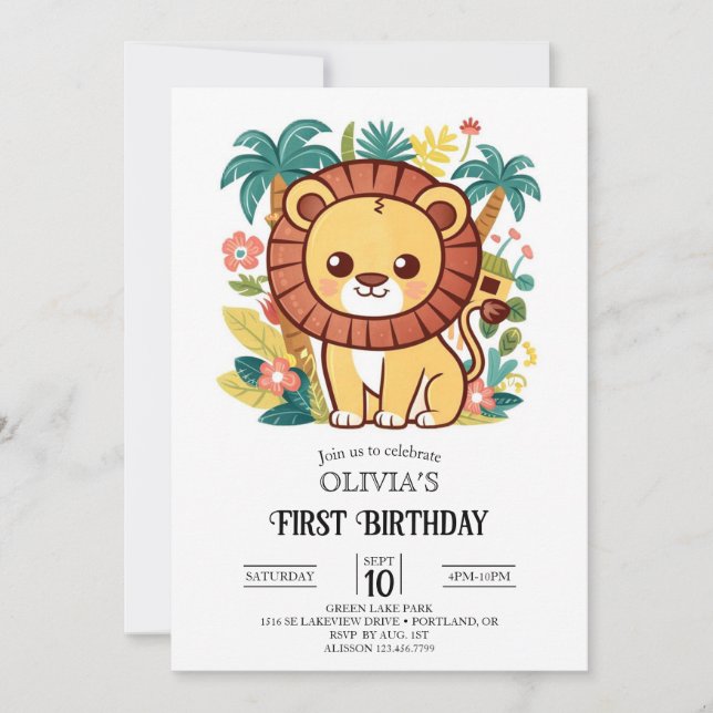 Elegant Tropical Lion 1st Birthday Digital Invitation (Front)