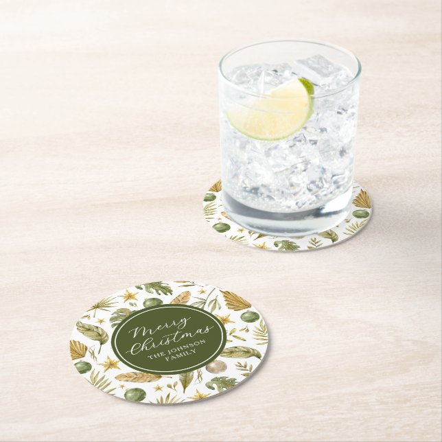 Elegant Tropical Merry Christmas Round Paper Coaster (Insitu)
