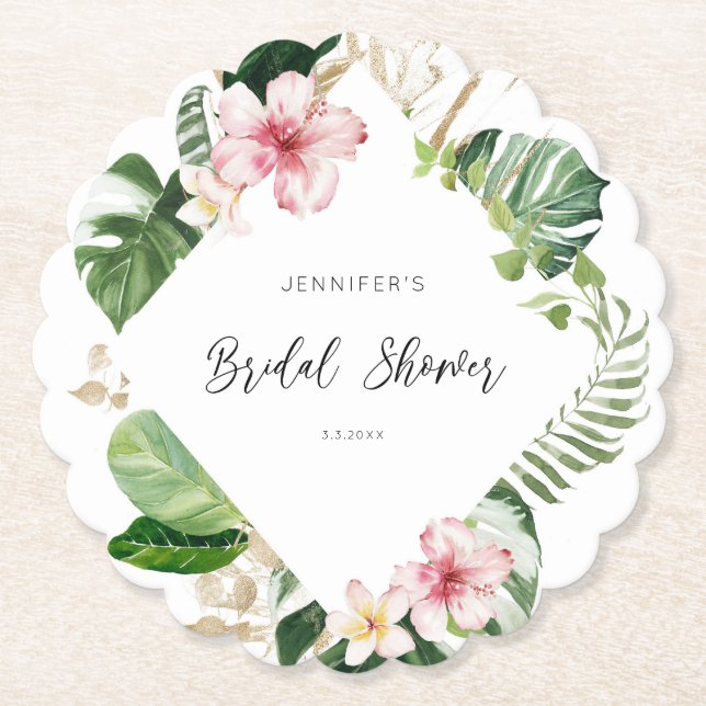 Elegant tropical monstera bridal shower paper coaster (Front)