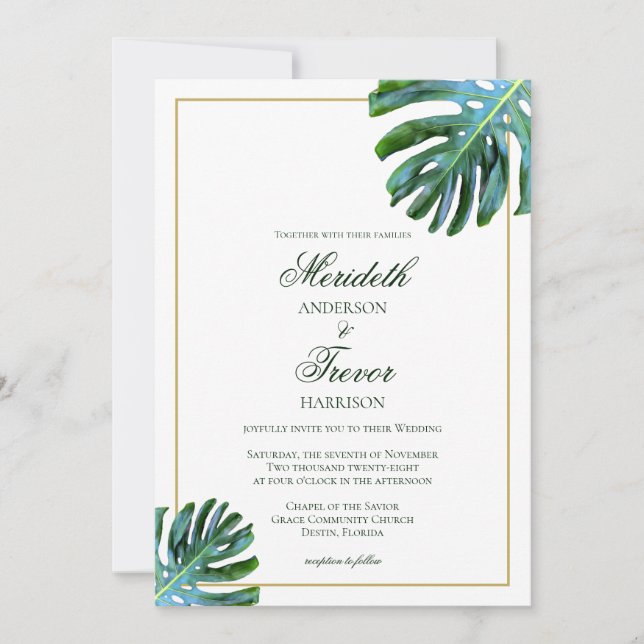 Elegant Tropical Monstera Leaf Photo Beach Wedding Invitation (Front)