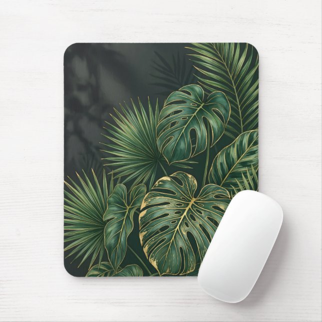 Elegant Tropical Monstera Leaves Mouse Mat (With Mouse)