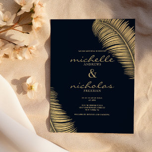 Elegant tropical navy blue gold foliage wedding invitation