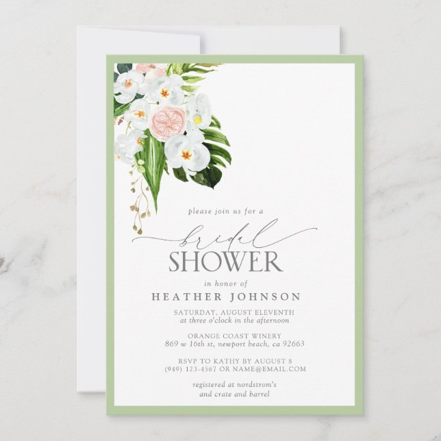 Elegant Tropical Orchid Watercolor Bridal Shower Invitation (Front)