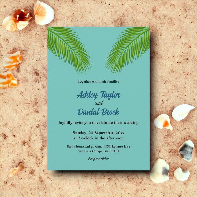 Elegant Tropical Palm Blue Coastal  Beach Wedding Invitation (Creator Uploaded)