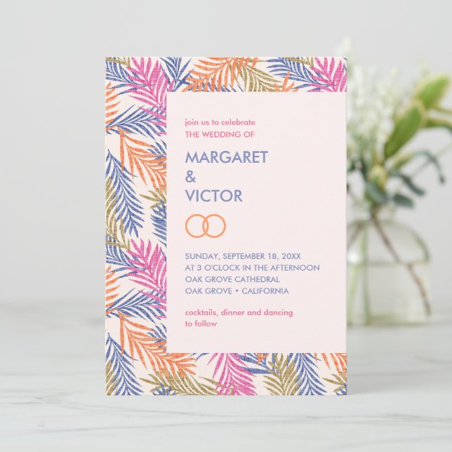 Elegant tropical palm leaf pattern  invitation (Standing Front)