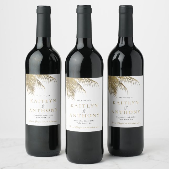 Elegant Tropical Palm Tree Beach Wedding Wine Label (Bottles)