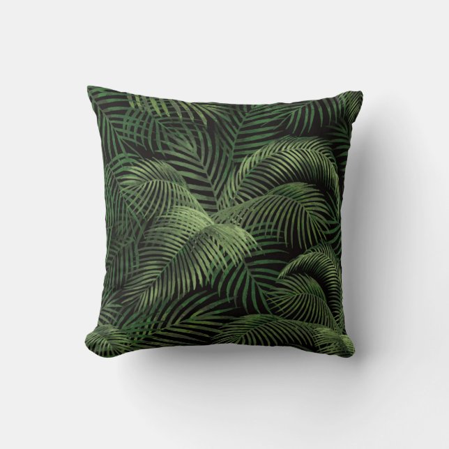 Elegant Tropical Palm Tree Pattern | Black & Green Cushion (Front)