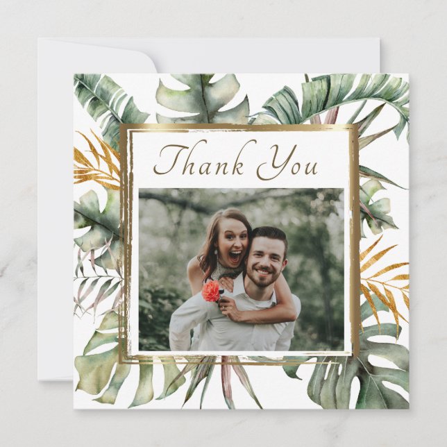 Elegant Tropical Palms Gold Frame Photo Wedding Thank You Card (Front)